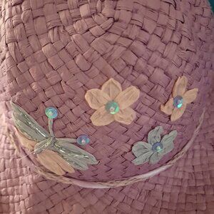 NWT Girls Butterfly Floral Embellished Purple Straw Toddler Hat
